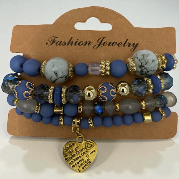 “Royal Harmony” Bracelet Set Blue and gold beaded stretch bracelets with heart - Picture 1 of 1